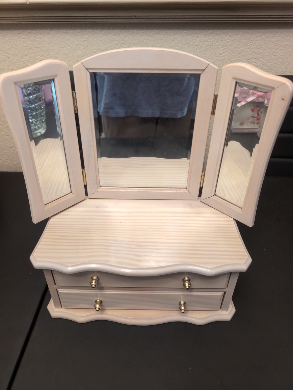 Beige Tri-Fold Mirror Jewelry Box with Drawers